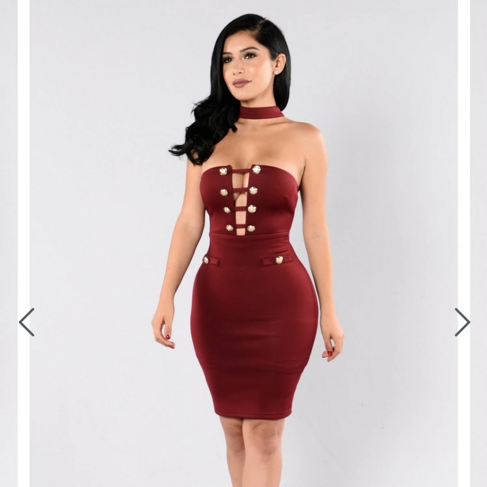 Burgundy Low Cut Out Mini Dress with Collar